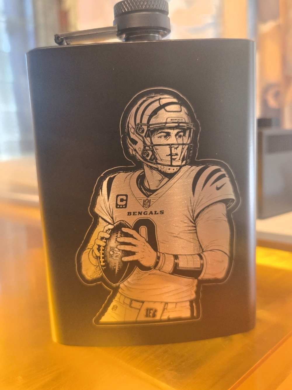 Black Stainless Flask with Football Player Graphic